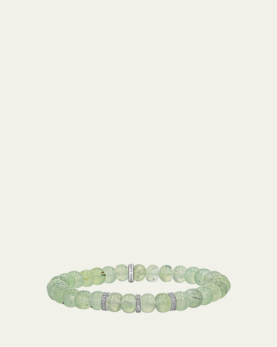 Prehnite 8mm Bead Bracelet with 3 Diamond Rondelles